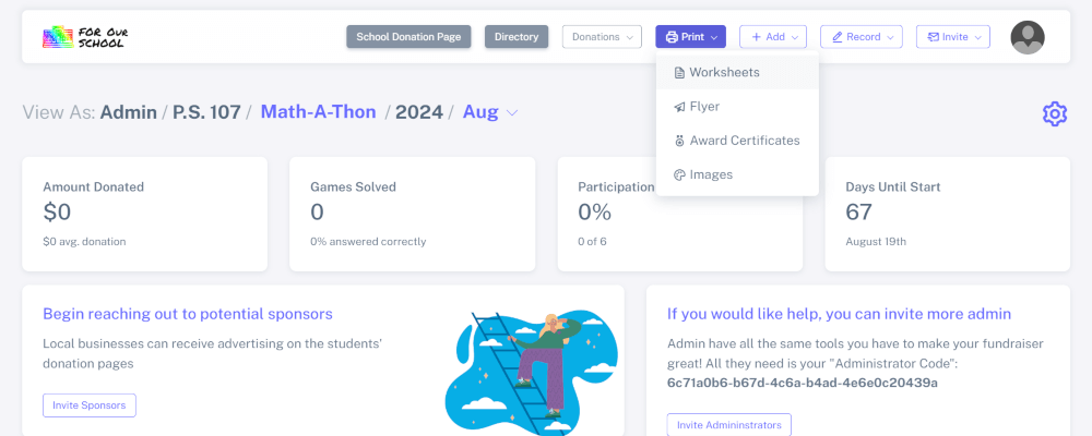 Administrator clicking button to direct to page to print math worksheets for Math-A-Thon