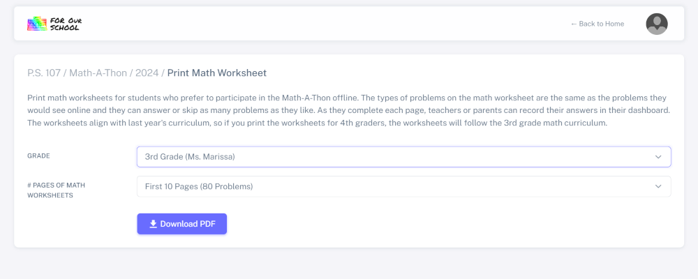 Administrator printing math worksheets for Math-A-Thon