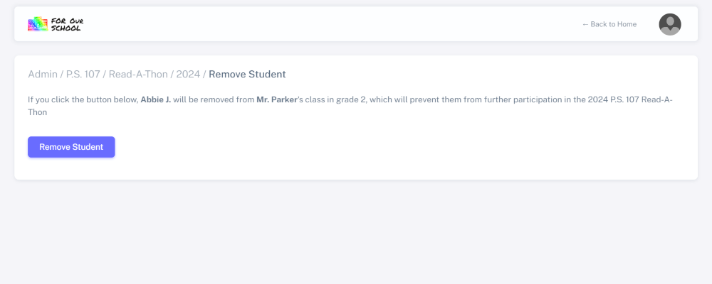 Confirm removal of student from fundraiser