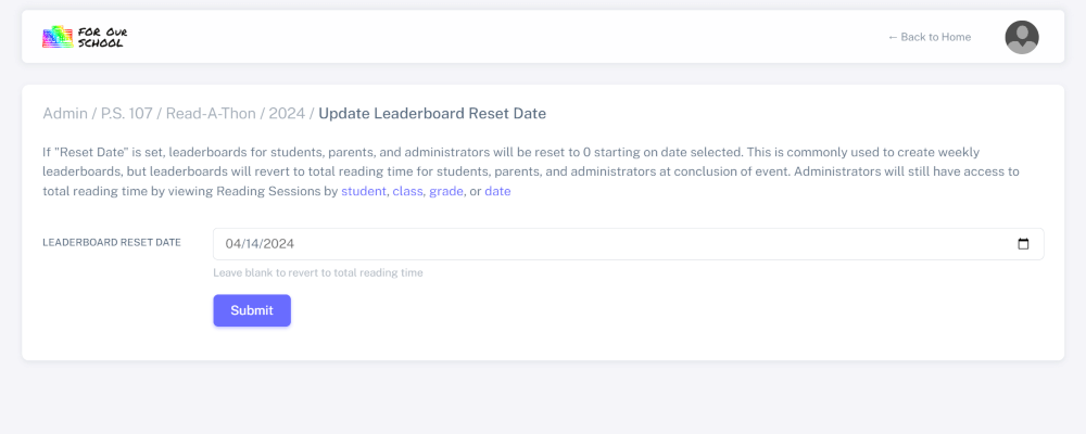 Form to reset leaderboards