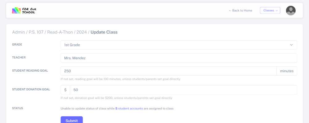 Update class and teacher information