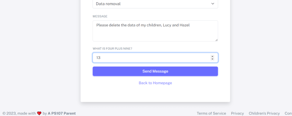 Form to contact ForOurSchool.org support team