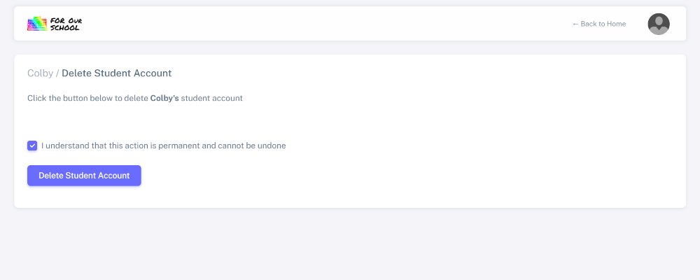 Form for parents to delete account associated with their student or child