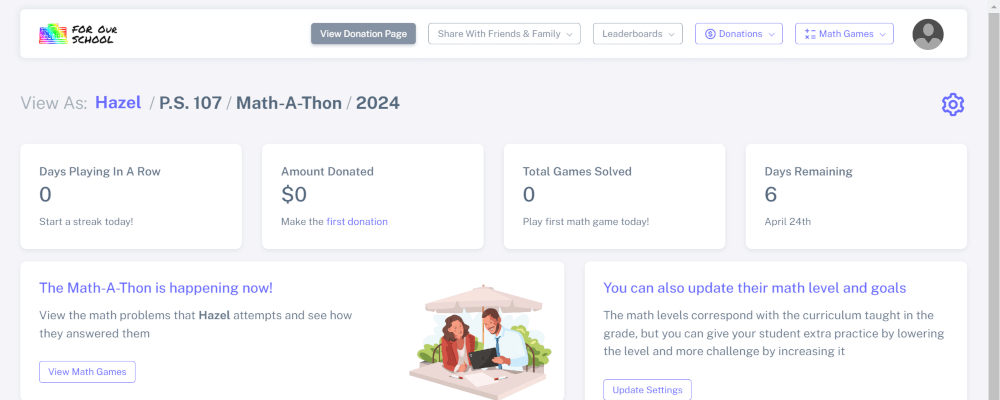 Parent dashboard for math-a-thon
