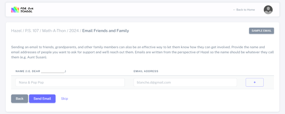 Send email to friends and family asking for support to Math-A-Thon