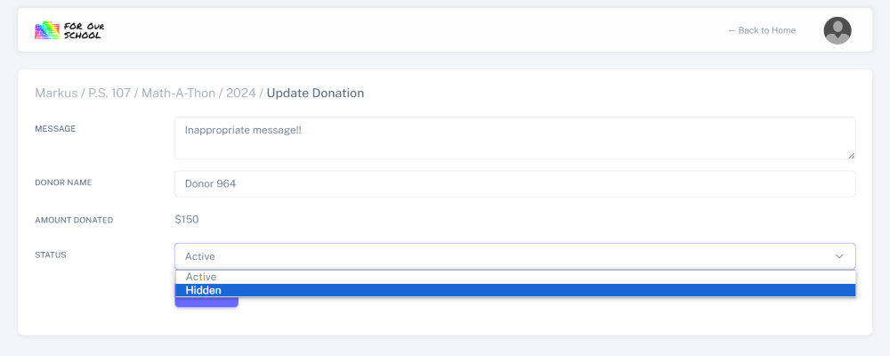 Edit status of donation