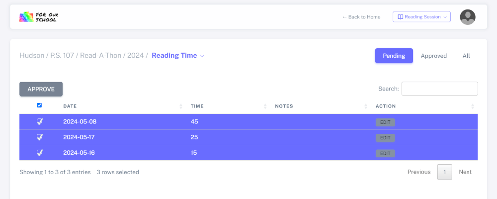 Parent/Administrator approving reading time in Read-A-Thon