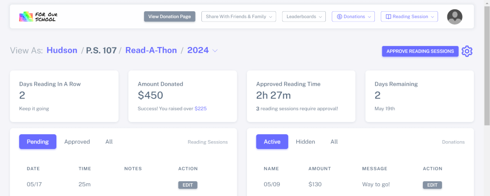 Parent/Administrator clicking on Approve Reading Sessions button in Read-A-Thon dashboard