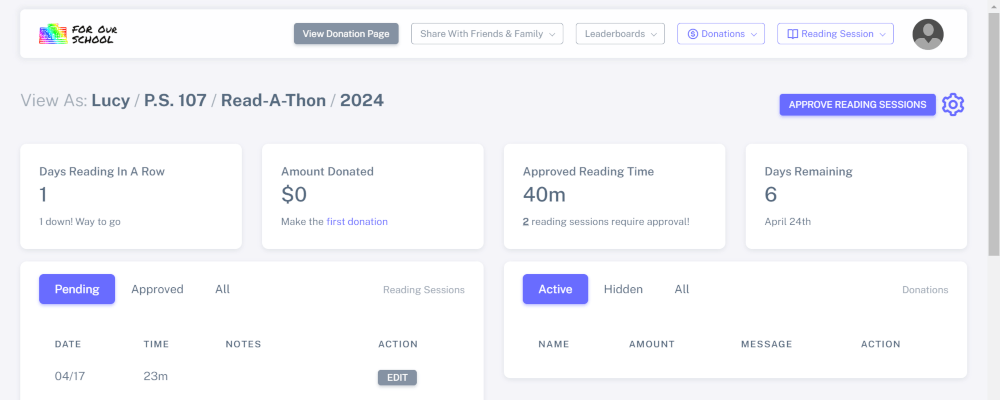 Parent Read-A-Thon dashboard (active fundraiser)