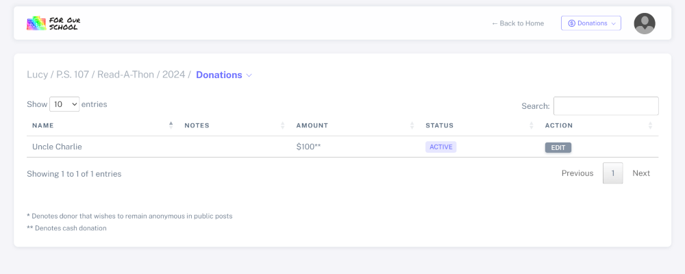 Navigate to edit cash donation