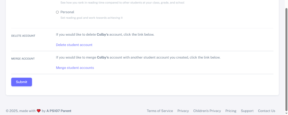 Links at bottom of student settings form that parents can use to delete or merge student accounts