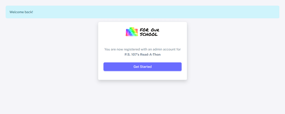 Registration page for administrator completed