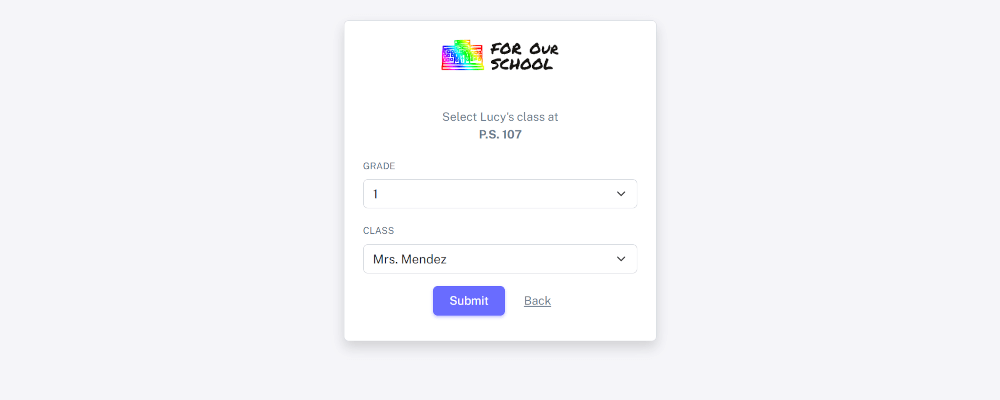 Registration portal for student joining fundraiser at select class page
