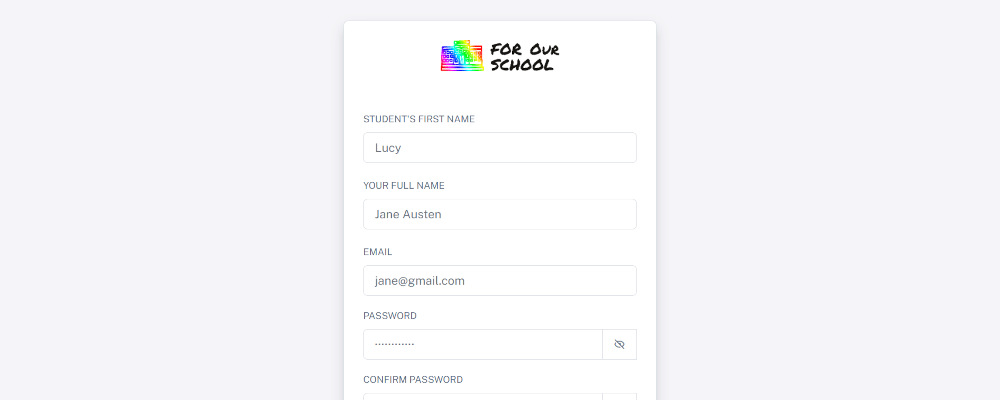 Registration portal for student joining fundraiser at create new account page