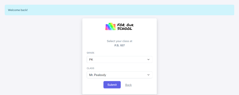 Registration portal for teacher joining fundraiser at select class page
