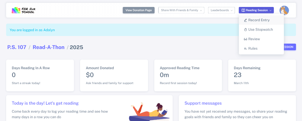 Button for student to enter reading session for Read-A-Thon