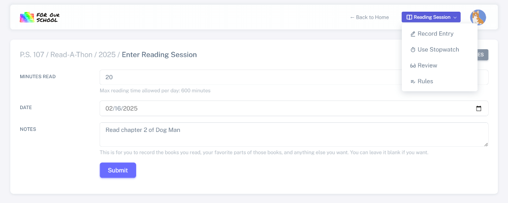 Button for student to use stopwatch to record reading time for Read-A-Thon