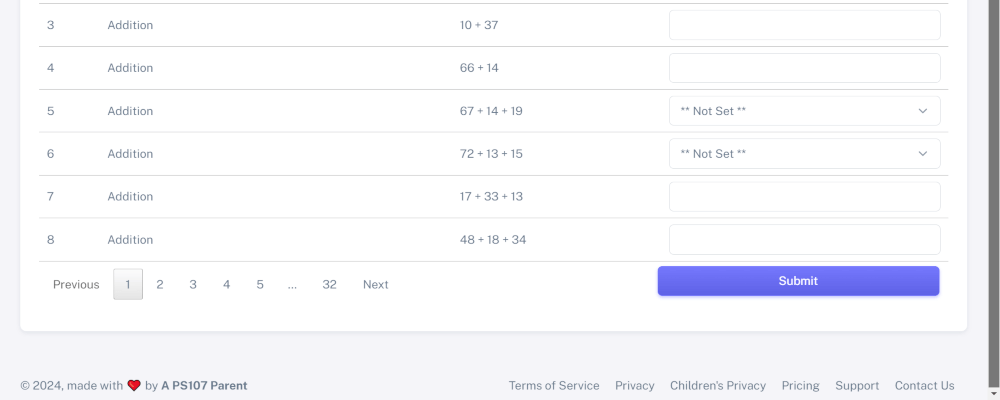 Teacher submitting answers for particular student in their class for math worksheet for Math-A-Thon