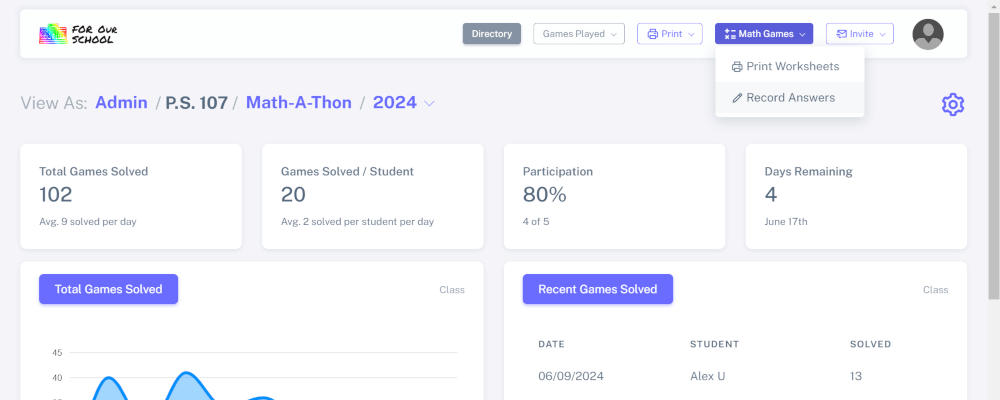 Teacher clicking button to navigate to page to record answers from math worksheet for Math-A-Thon