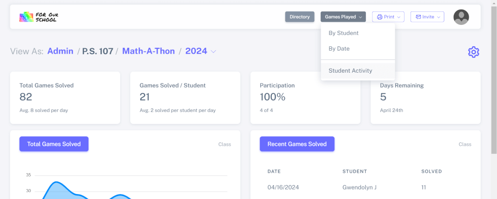 Navigate to view games played by student