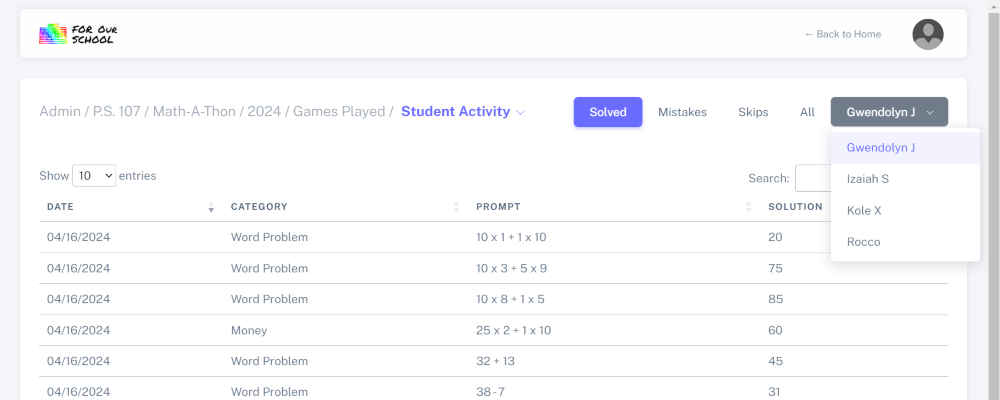 Math-A-Thon games played for student in class